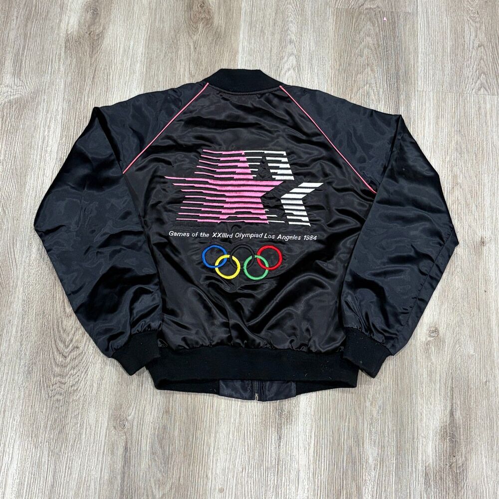 RARE Vintage 1984 LA Olympics PR Staff Satin Bomber Jacket Women's Sz S Black
